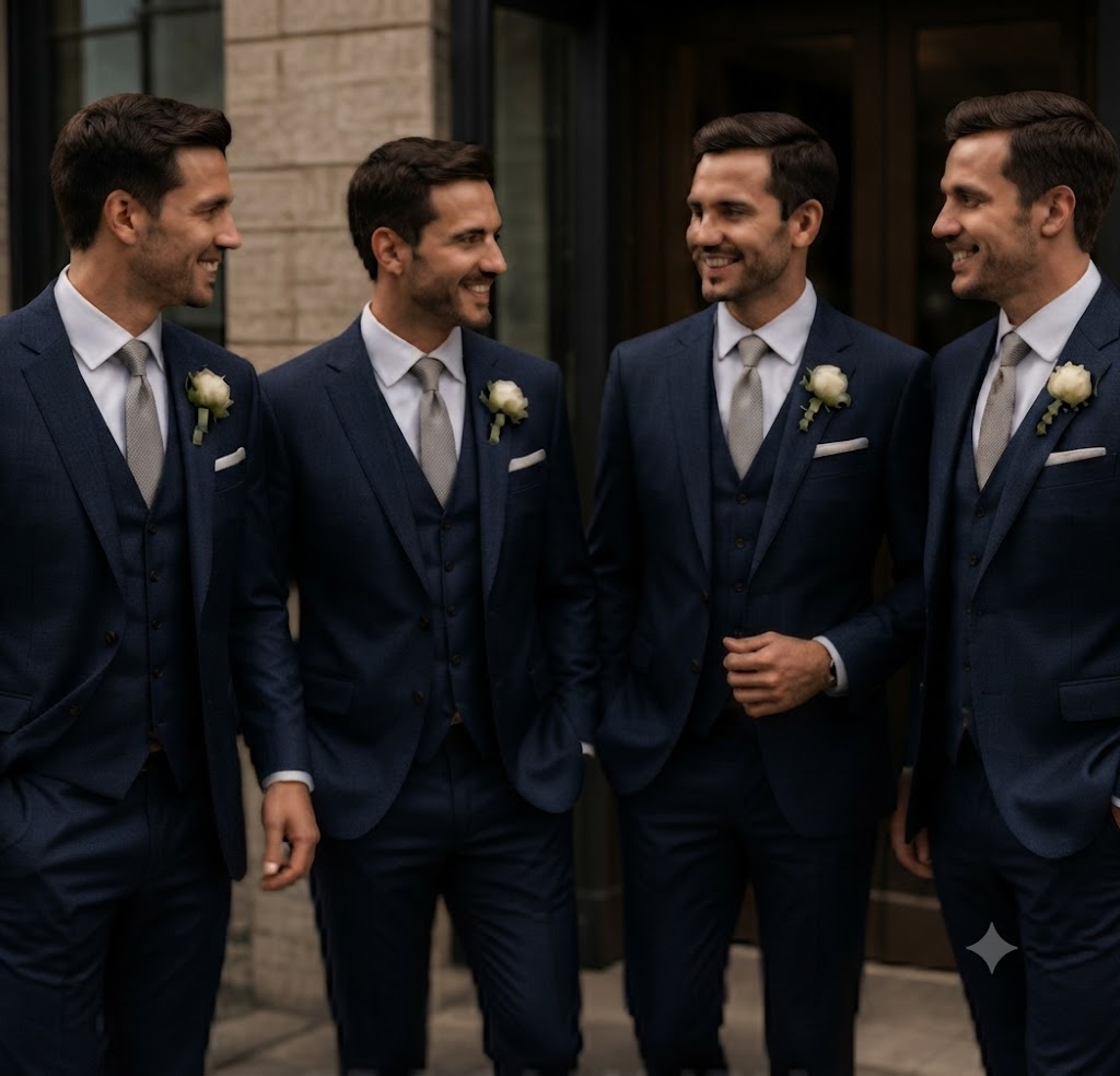 Black and white suit jackets for groomsmen coordination