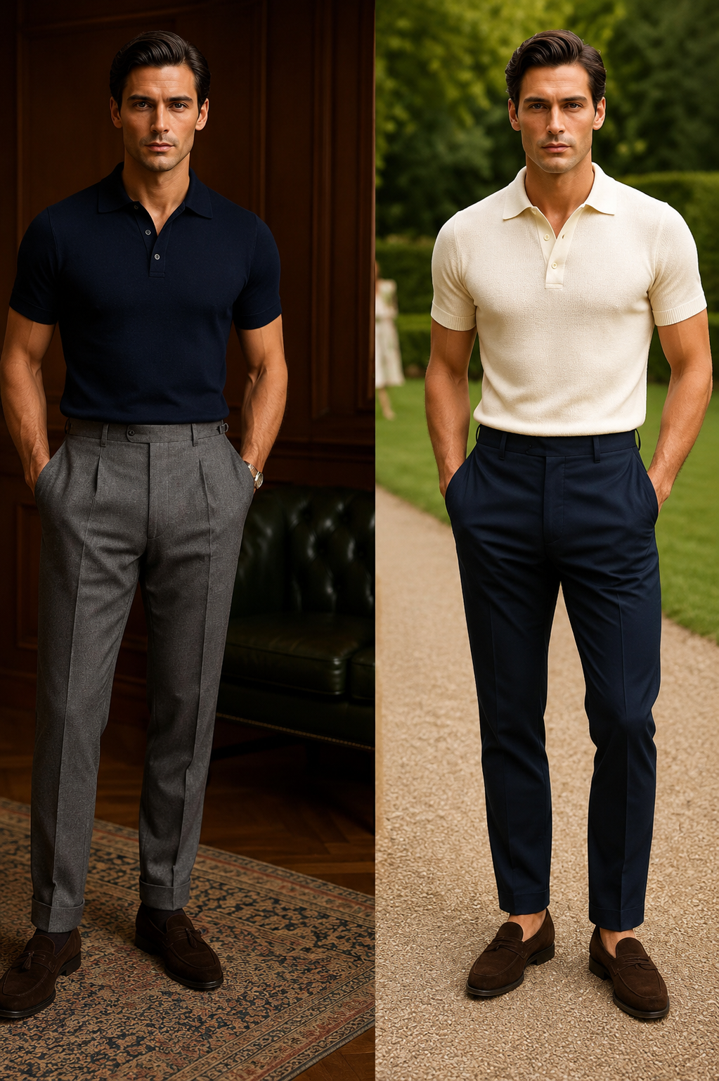 Luxury men's suits on mannequins in a boutique window display
