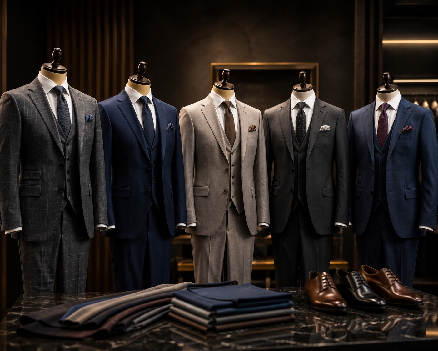 Luxury ready-made suits displayed on mannequins