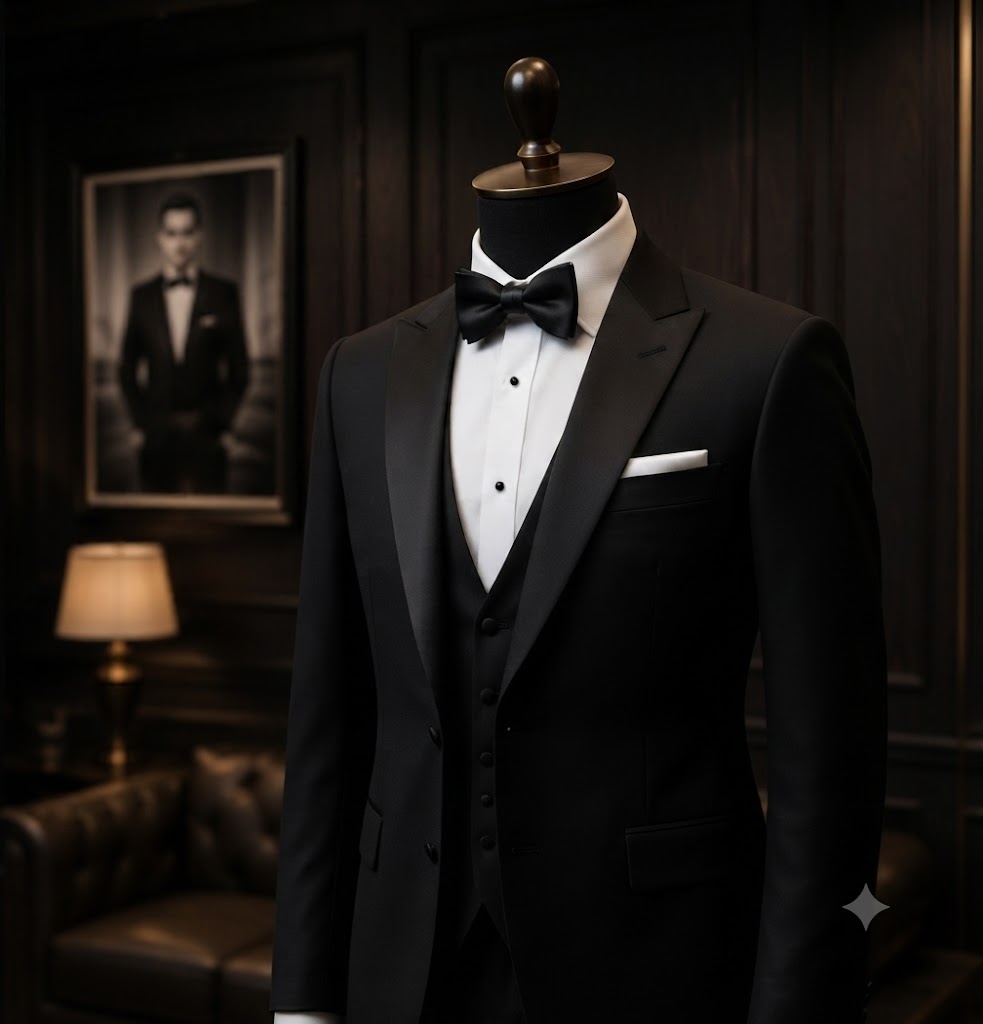 Bearded groom in classic black tuxedo adjusting bow tie