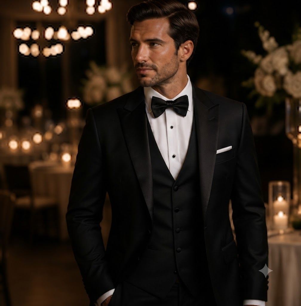 Stylish man in tuxedo standing confidently at sunset