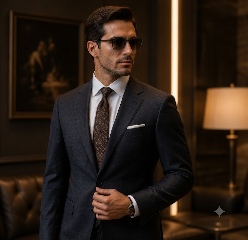 Elegant blue suit with white bow tie for wedding guest